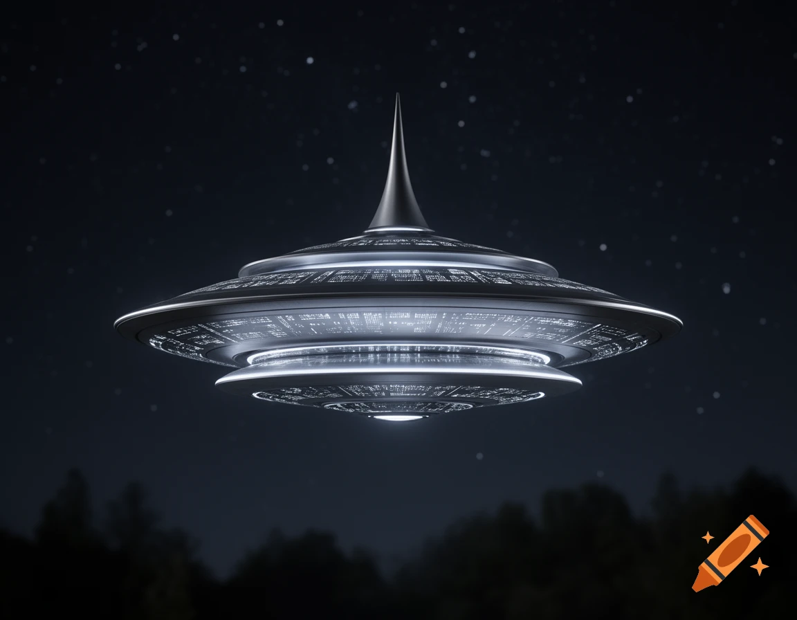A futuristic silver UFO with a pointed top and multiple stacked saucers floats in a starry night sky above silhouetted trees.