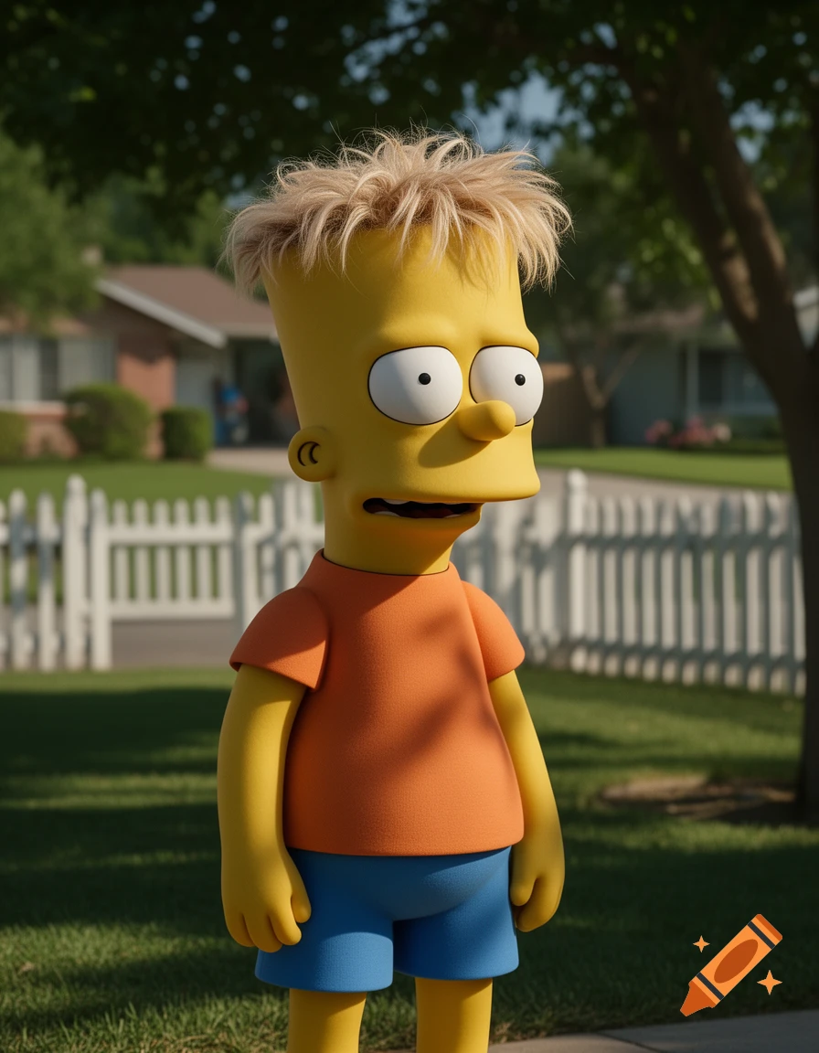 A photorealistic 3D rendered Bart Simpson with blonde hair and an orange shirt looks surprised in a suburban yard with a white picket fence.