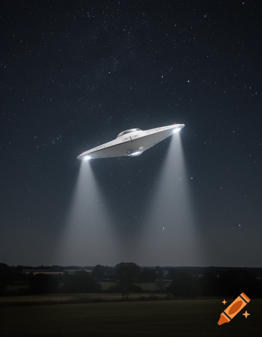 A white V-shaped UFO with bright lights hovers over a dark field under a starry night sky.