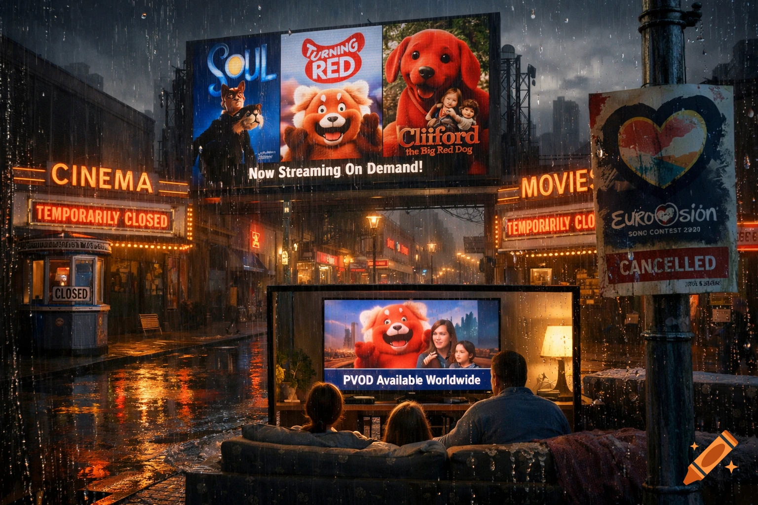 A rainy city street scene at night with neon-lit cinema signs saying "Temporarily Closed". Billboards for "Soul", "Turning Red", and "Clifford the Big Red Dog" are visible. In the foreground, three people sit on a couch watching "Turning Red" on a large TV, with text "PVOD Available Worldwide" on screen.