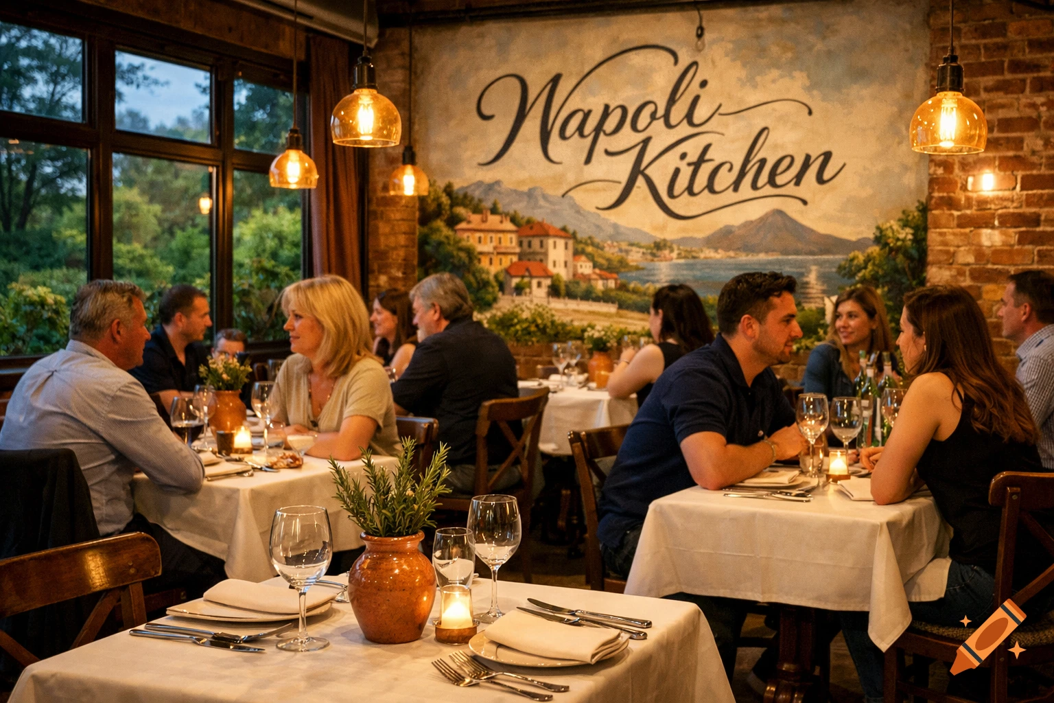 Photorealistic image of people dining in an Italian restaurant called Napoli Kitchen with a mural of an Italian coastal town.