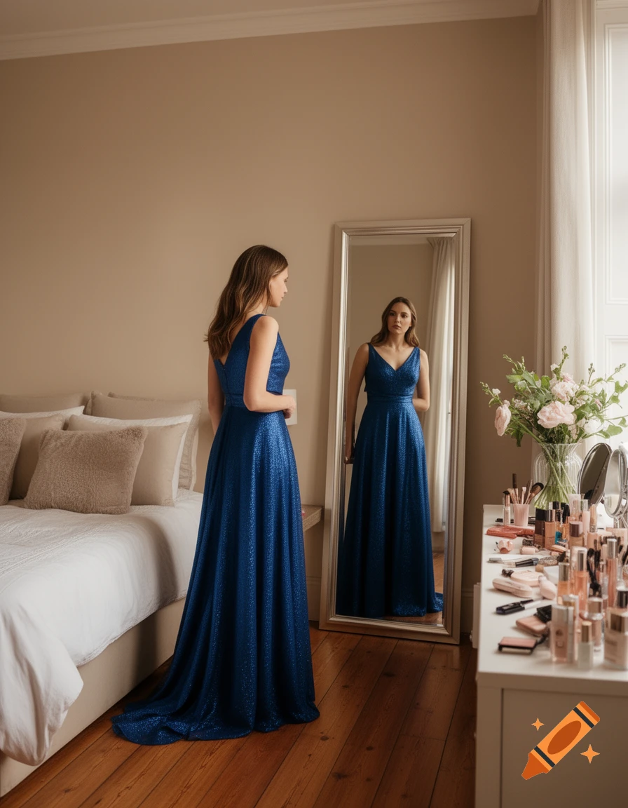 A woman in a sparkling blue dress stands in a bedroom, looking at her reflection in a full-length mirror.