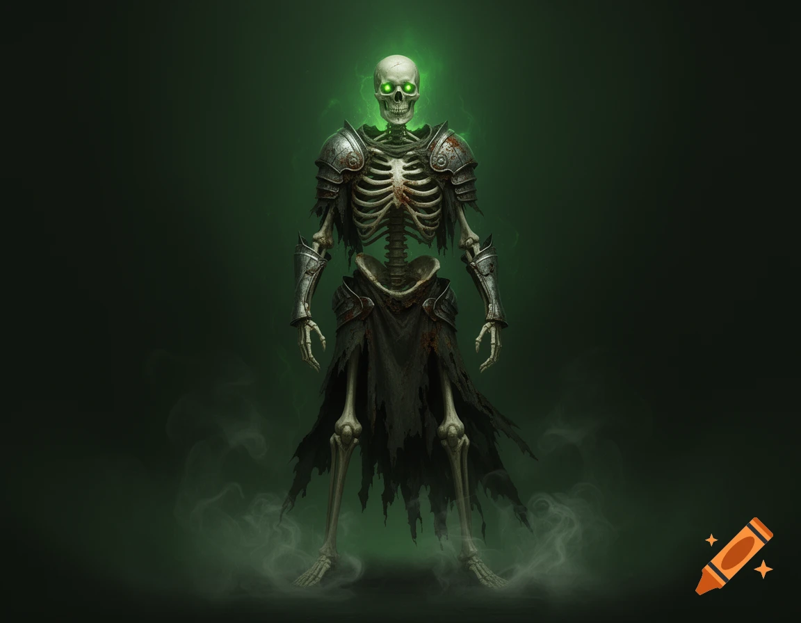 A skeleton warrior with glowing green eyes and partial armor stands against a dark green background with wisps of smoke.