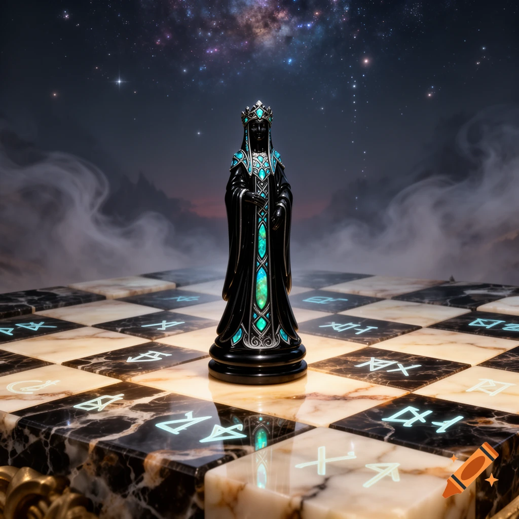 A black and turquoise queen chess piece on a marble chessboard with glowing symbols, under a cosmic starry sky with mist.
