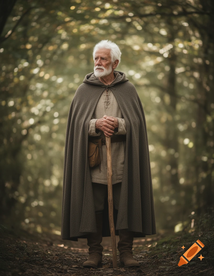 An old man with white hair and beard, wearing a hooded brown cloak and ...