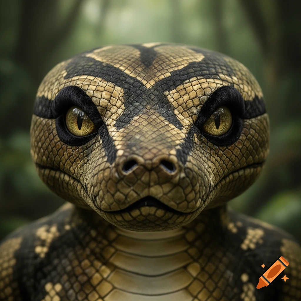 Close-up photorealistic shot of a python's head with intricate scale patterns and yellow eyes, set against a blurred green background.