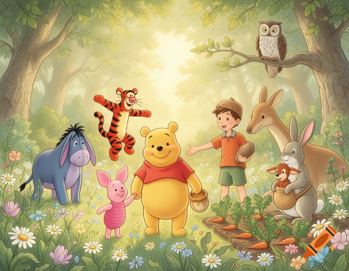 Winnie the Pooh characters and friends in a lush, sunny forest clearing filled with wildflowers.
