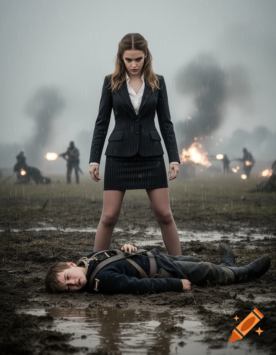 A determined woman in a pinstripe suit stands over a young boy in a soldier's uniform, lying defeated in the mud of a rainy battlefield.