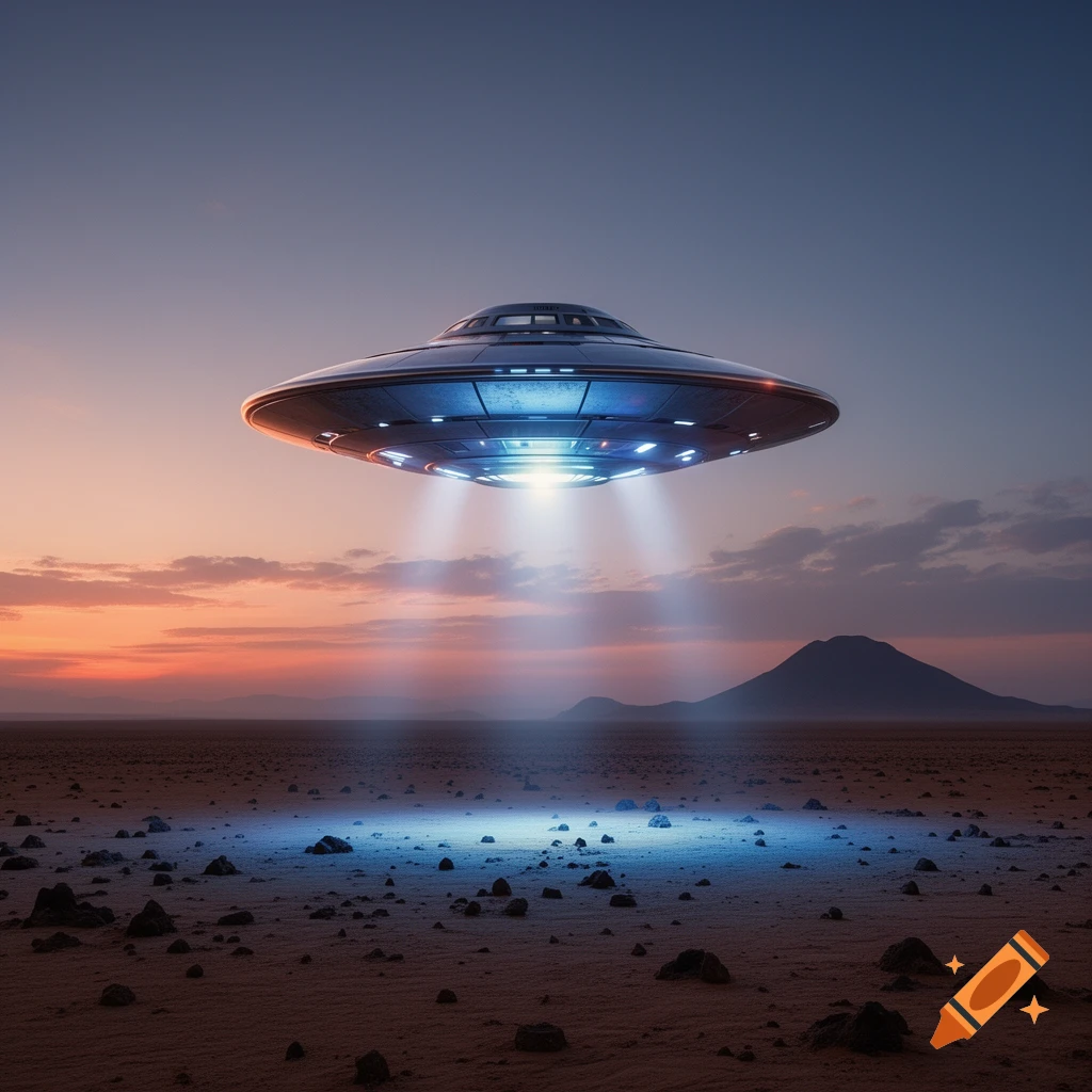 A photorealistic UFO with bright blue lights hovers over a rocky desert landscape at sunset.
