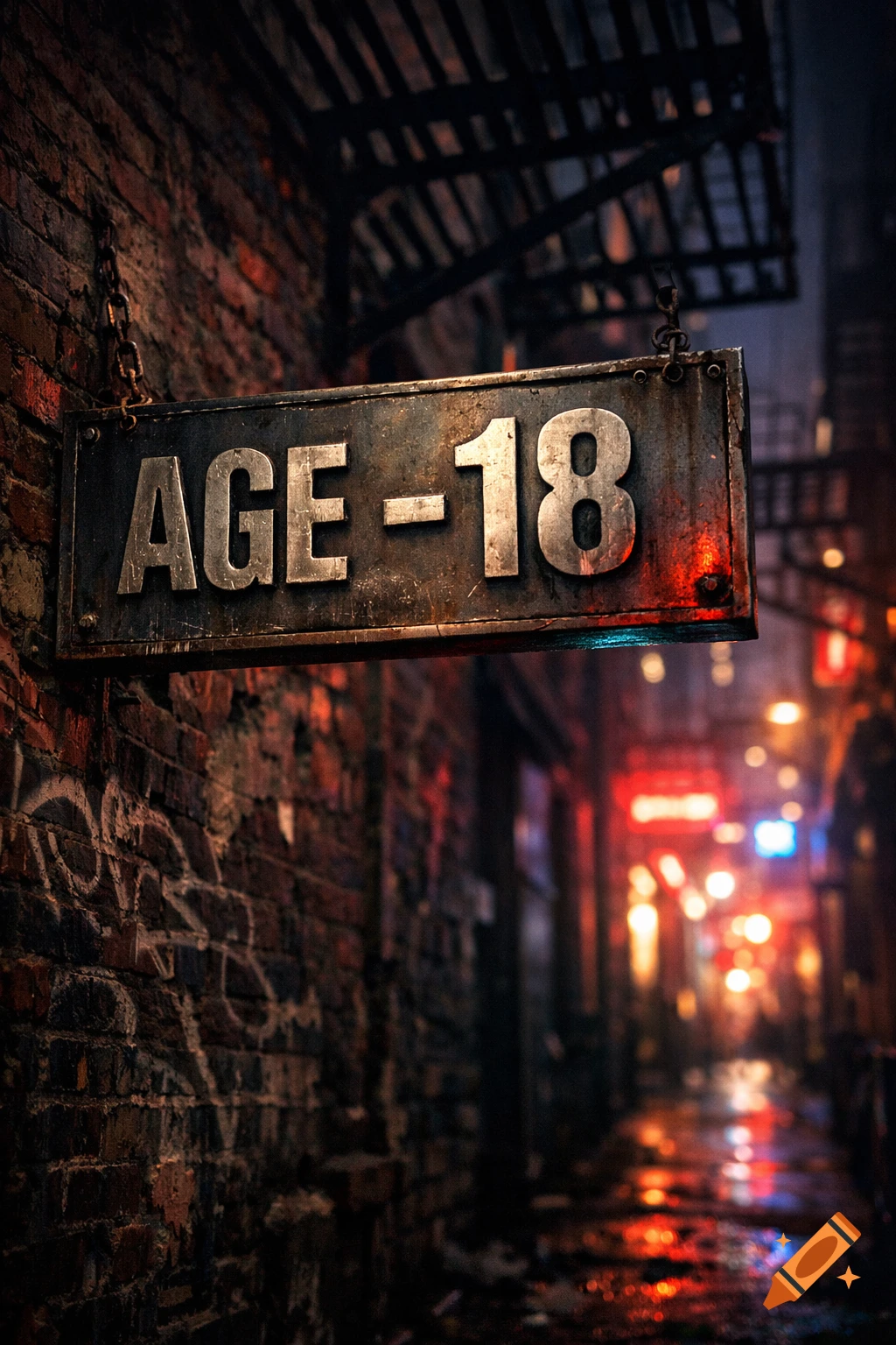 A close-up of a weathered metal sign displaying 'AGE -18' hanging on a brick wall in a dark, rainy urban alley with blurry neon lights.