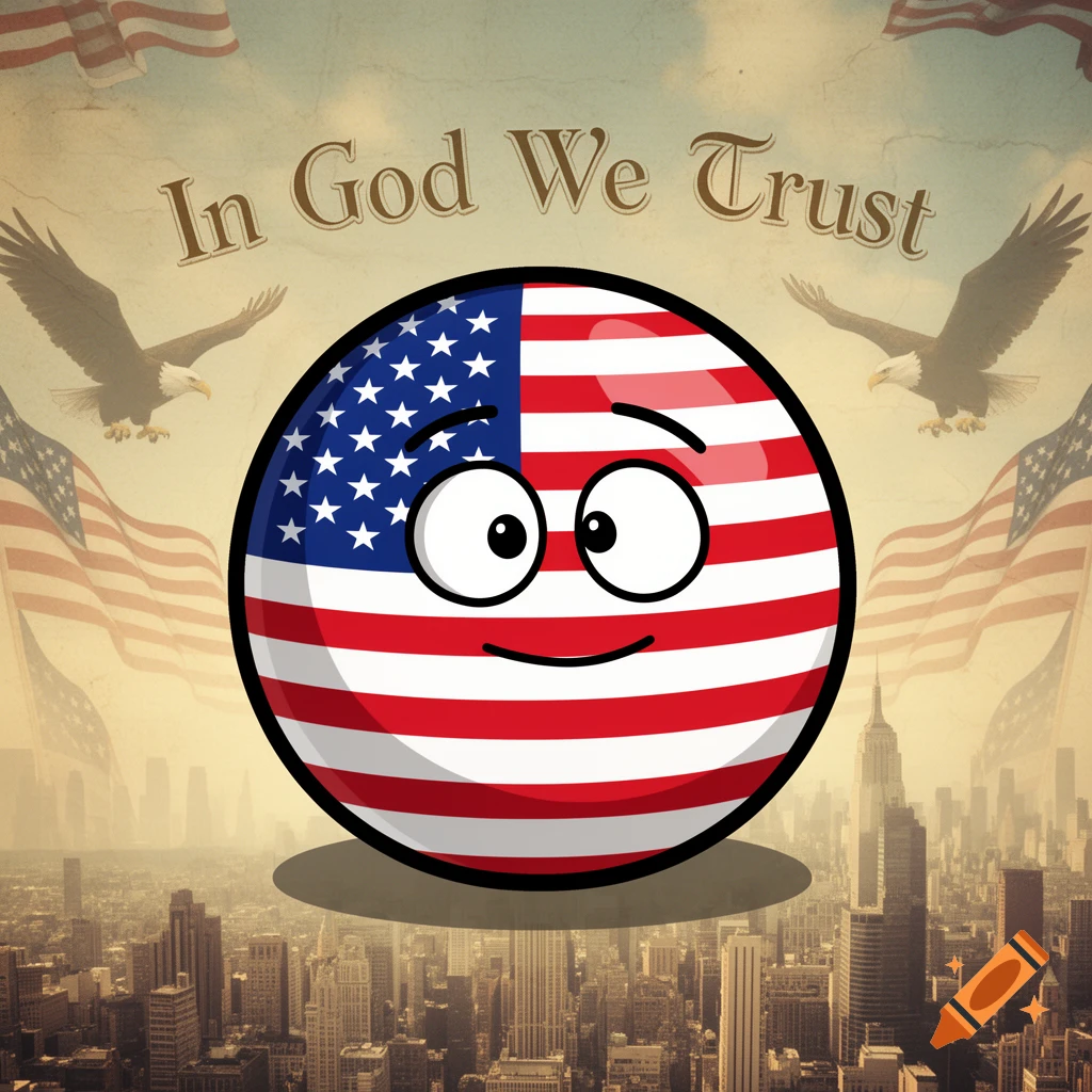 A cartoon USA countryball character smiles over a cityscape, flanked by American flags and bald eagles, with 'In God We Trust' text.