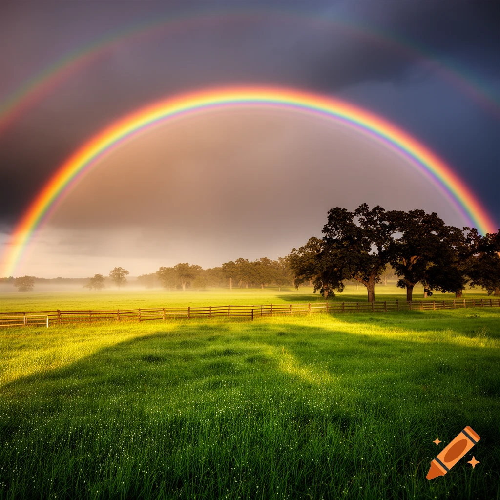 A vibrant double rainbow arches over a lush green field with trees, a wooden fence, and misty background under a dramatic sky.