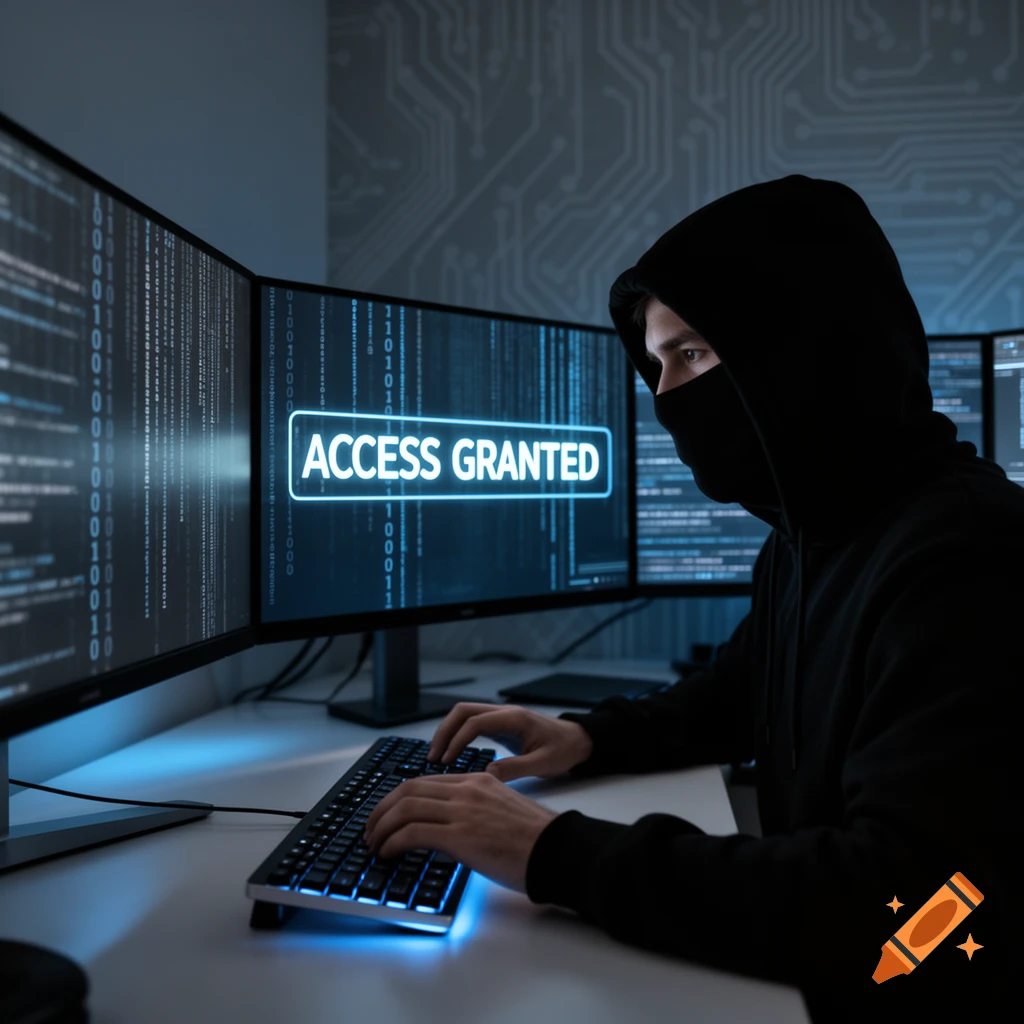 Person in black hoodie and mask typing at a glowing keyboard with multiple monitors displaying 'ACCESS GRANTED' and binary code in a dark room.
