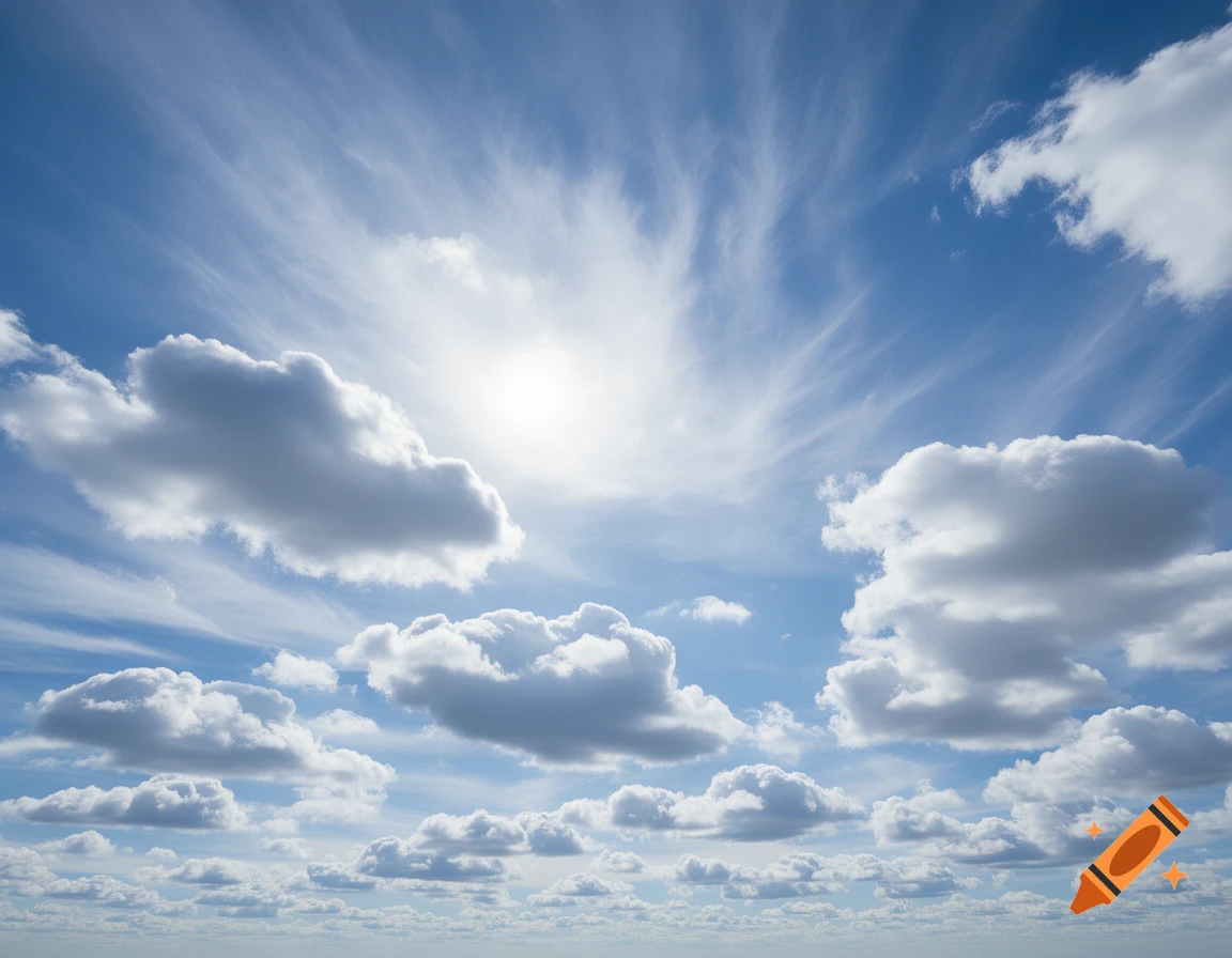 Bright blue sky filled with white cumulus and wispy cirrus clouds, with the sun radiating light.