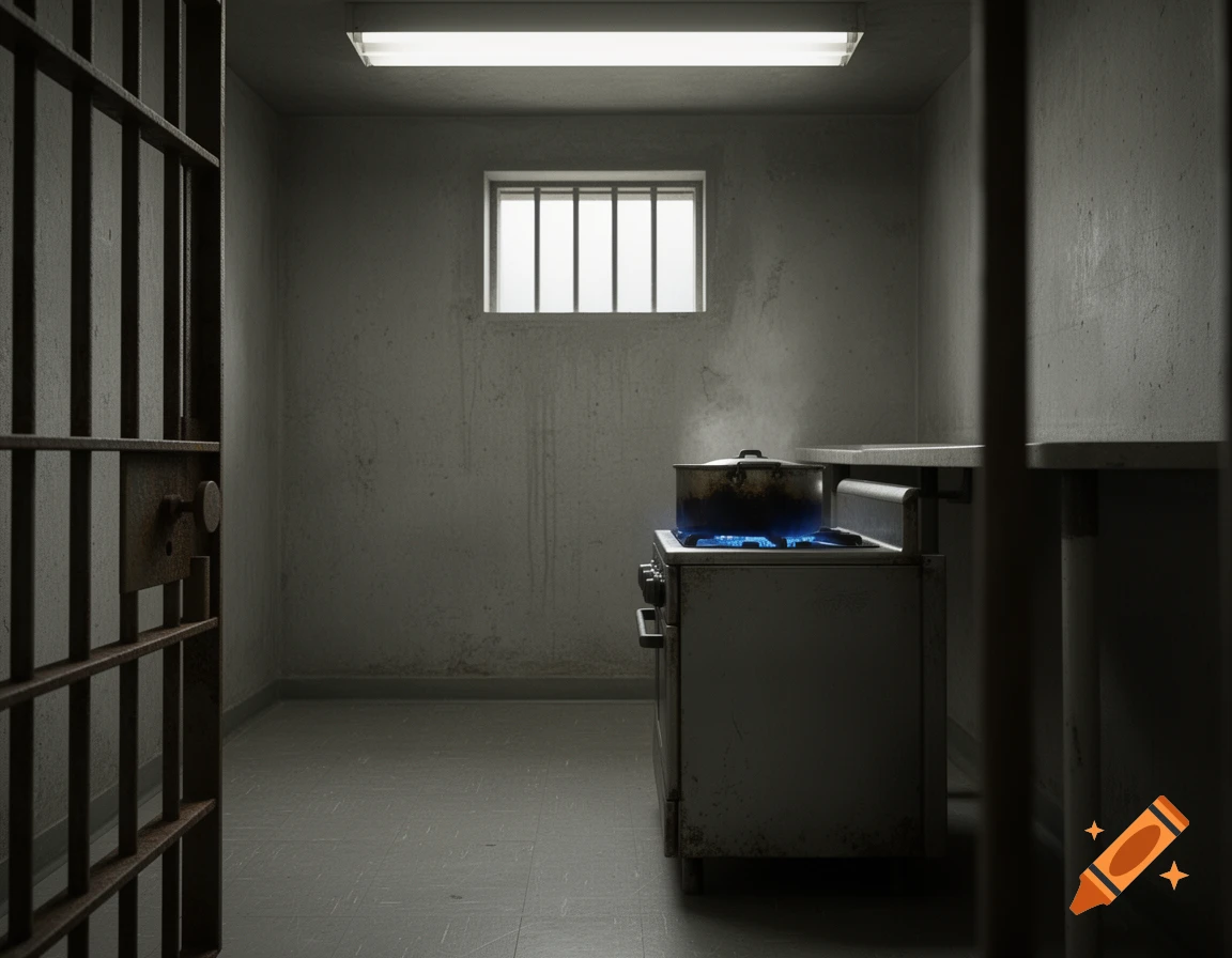 A gas stove with a pot boiling sits in a dimly lit, concrete prison cell with an open barred door and a barred window in a photorealistic style.