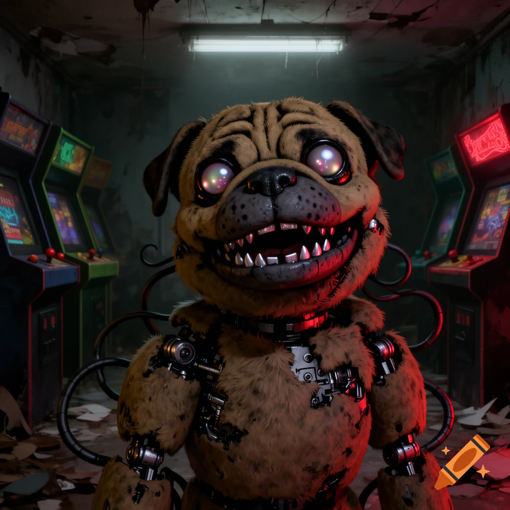 A creepy animatronic pug with glowing eyes and sharp teeth stands in a dark, dilapidated arcade room.