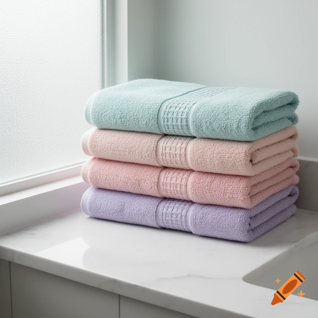 A stack of four neatly folded pastel towels in mint green, light peach, light pink, and lavender on a white marble countertop.