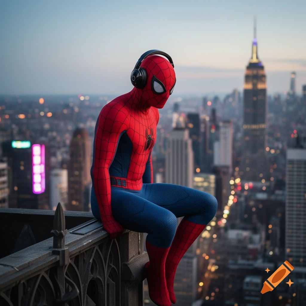 Photorealistic Spider-Man wearing headphones sits on a gothic rooftop railing, looking at a city skyline with the Empire State Building.