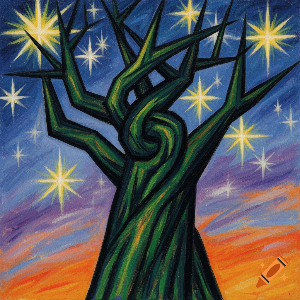 A vibrant, expressionistic painting of a gnarled green tree reaching into a blue night sky filled with bright yellow and white stars, with a colorful sunset horizon below.