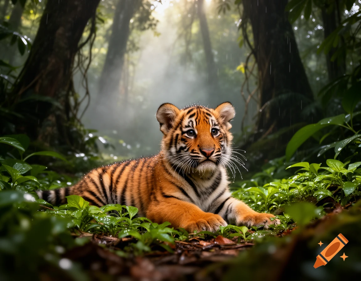 A cute tiger cub lies on lush green foliage in a sun-dappled rainforest.