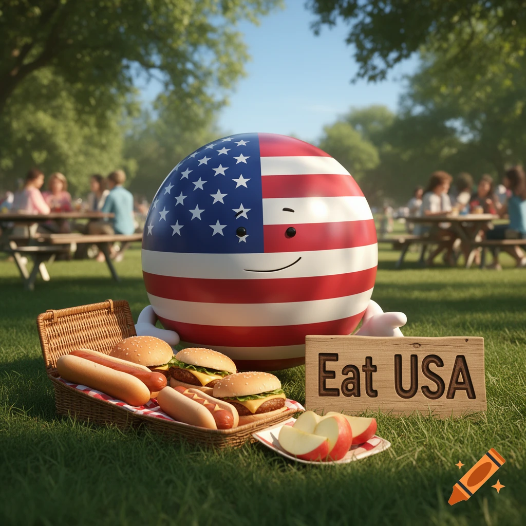 A cartoon American flag character winks next to a picnic basket with hot dogs and burgers, a sign reads "Eat USA" in a park.