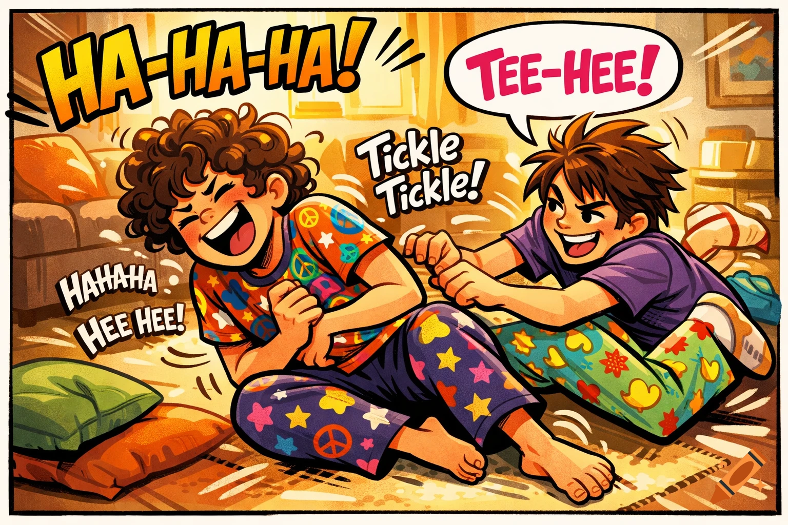 Two cartoon children laughing during a tickle fight on the floor in a living room, comic book style.