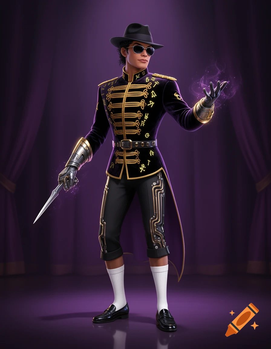 A stylized character, resembling Michael Jackson, in a purple and gold military-style jacket, holding a dagger and conjuring magic.
