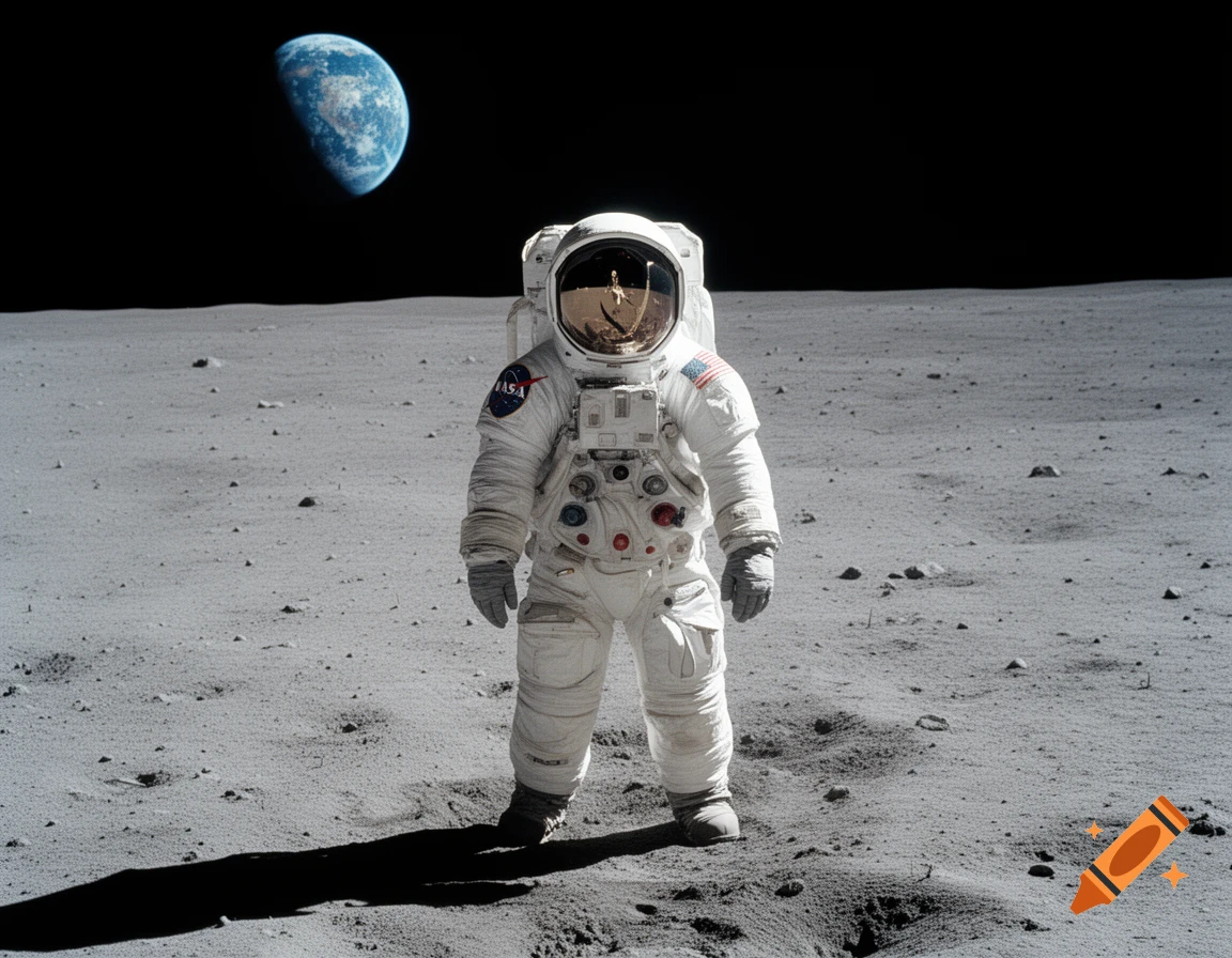 An astronaut in a white suit stands on the moon's surface with Earth visible in the dark sky.