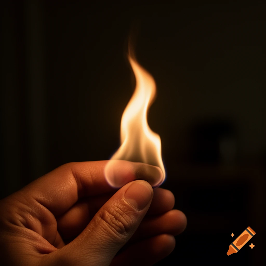 A person's hand cupped, holding a small, bright orange and yellow flame against a dark background.