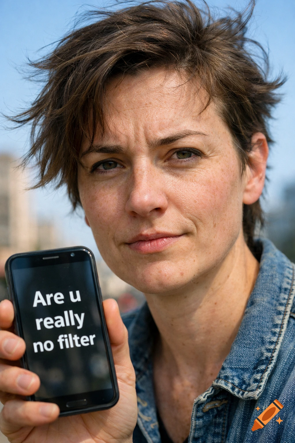 A close-up photorealistic portrait of a woman with short hair and freckles holding up a smartphone displaying the text "Are u really no filter".