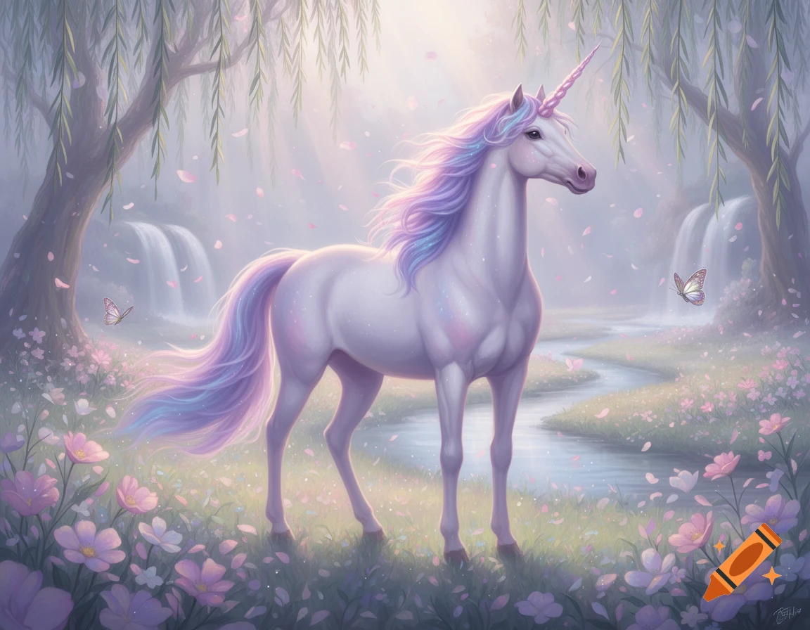 A pastel lavender unicorn with a rainbow mane and tail stands in a magical meadow with flowers, butterflies, and waterfalls.