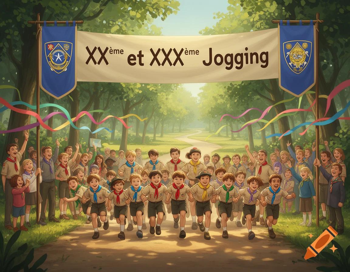 A large group of scouts, including children and adults, jogging on a path through a lush forest, under a banner for 'XXème et XXXème Jogging'.