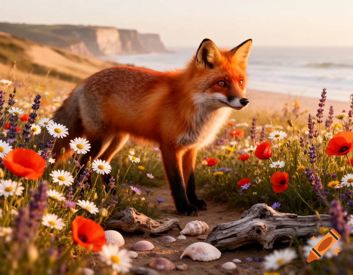 A photorealistic red fox stands among vibrant wildflowers on a sandy path overlooking a beach and coastal cliffs at sunset.