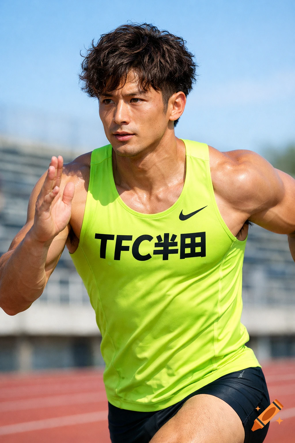 Muscular male athlete in a lime green tank top with 'TFC半田' and a Nike logo, running on a track under a blue sky. Photorealistic.