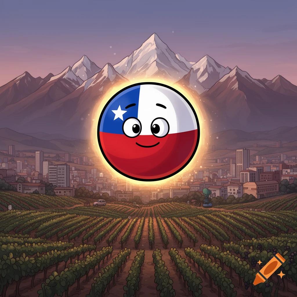Cartoon Chilean countryball character glowing over vineyards, a city, and mountains at sunset.