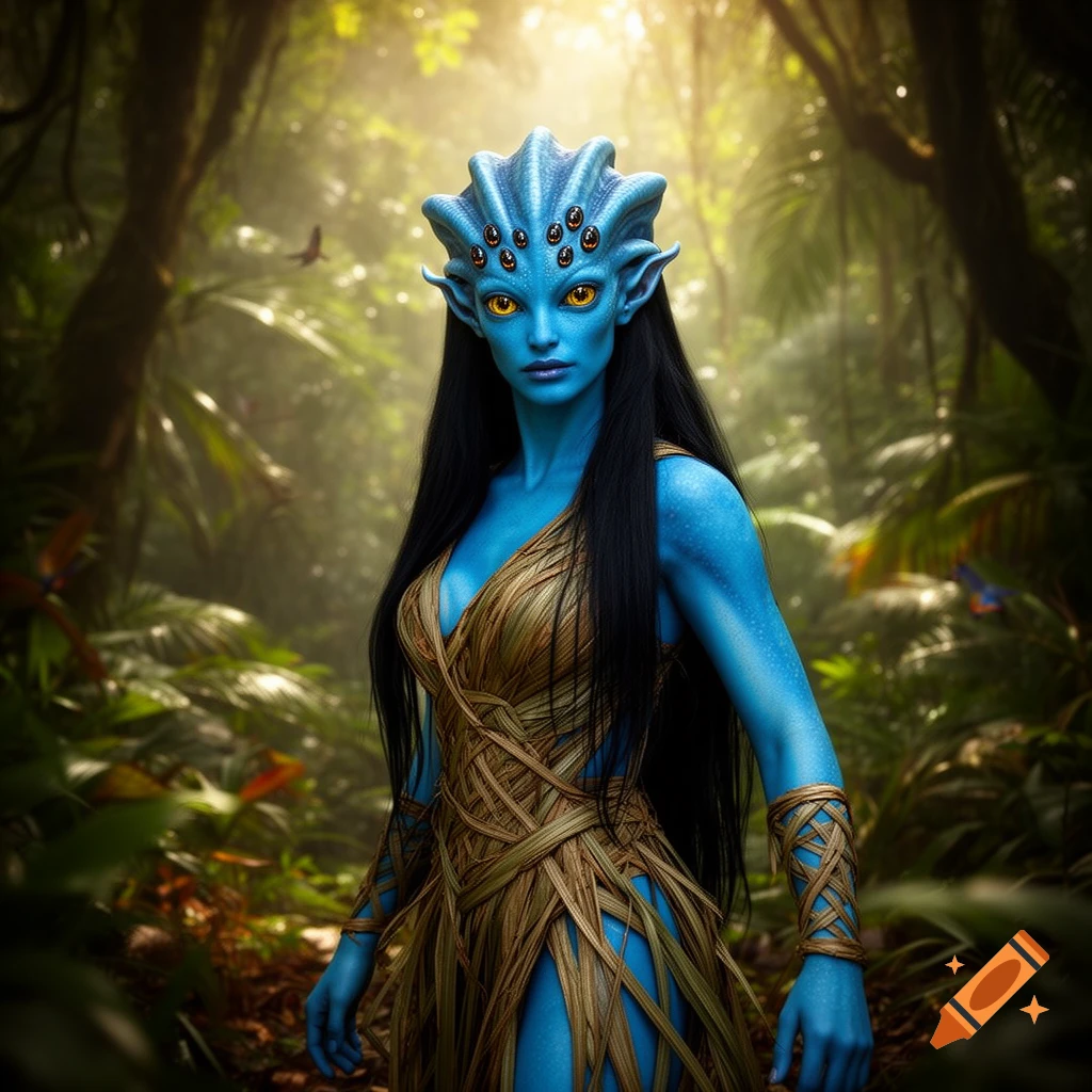 Photorealistic blue-skinned alien woman with six small spider eyes on her head, long black hair, and a woven gold dress in a sunlit tropical forest.