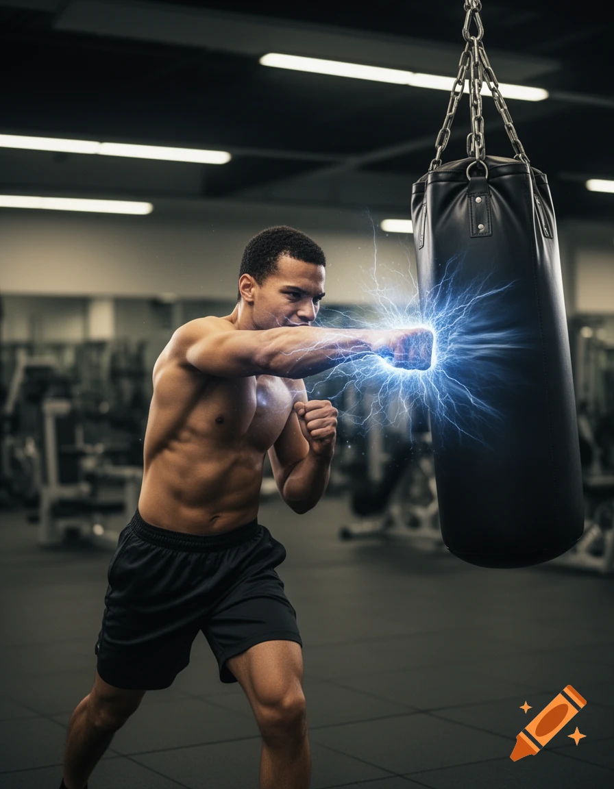 A muscular man punches a boxing bag in a gym, his fist glowing with electric blue energy.