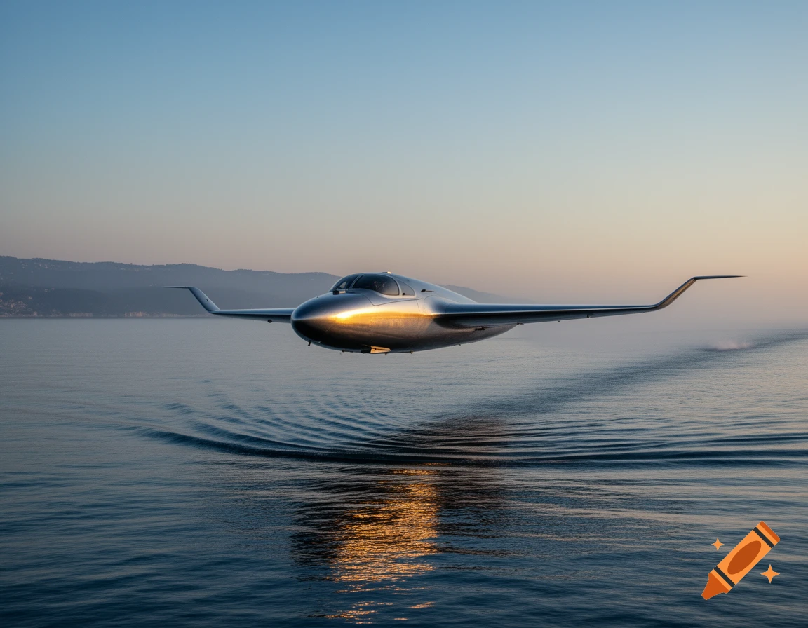 Sleek silver futuristic aircraft flying low over calm blue water at sunrise, creating ripples. Distant mountains under a clear sky.