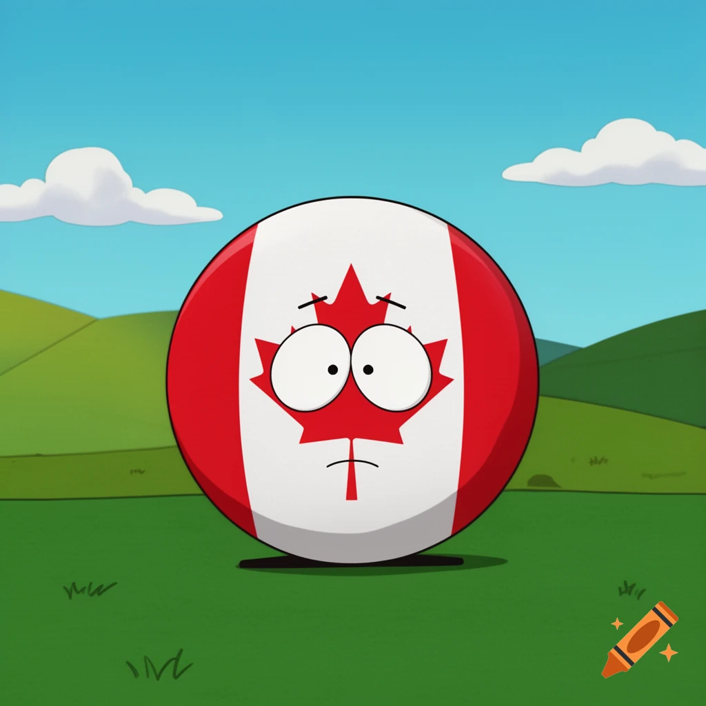 Cartoon Canada countryball with a South Park-style sad face in a green field under a blue sky.