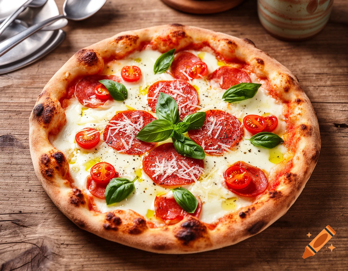 High-angle shot of a photorealistic pepperoni pizza with basil, cherry tomatoes, and grated cheese on a rustic wooden table.
