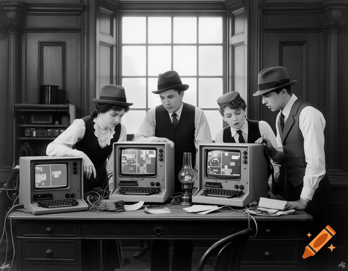 Four people in 1920s clothing gather around two early computers with pixelated screens in a black and white image.