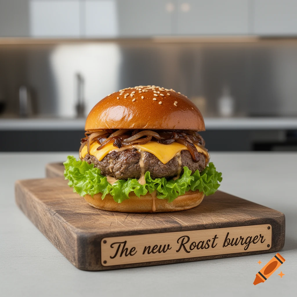 A gourmet burger with caramelized onions, cheese, lettuce, and a sesame bun, served on a wooden cutting board. A plaque reads 'The new Roast burger'.