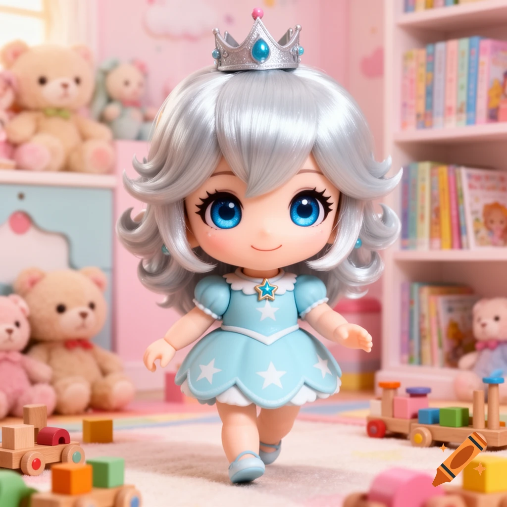 A cute chibi anime doll with silver hair, blue eyes, and a crown walks in a pastel playroom filled with teddy bears and wooden toys.