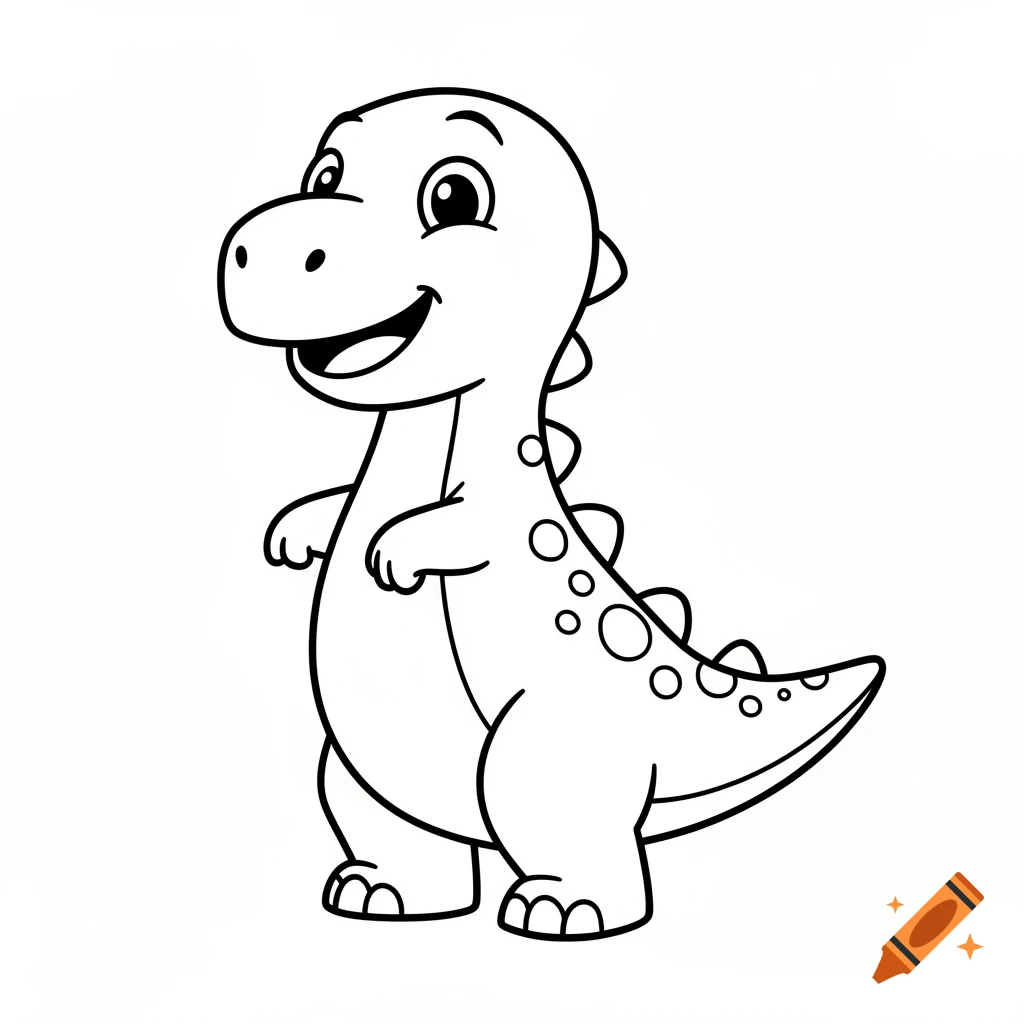 A cute cartoon dinosaur line art with thick outlines, standing and smiling, on a white background.