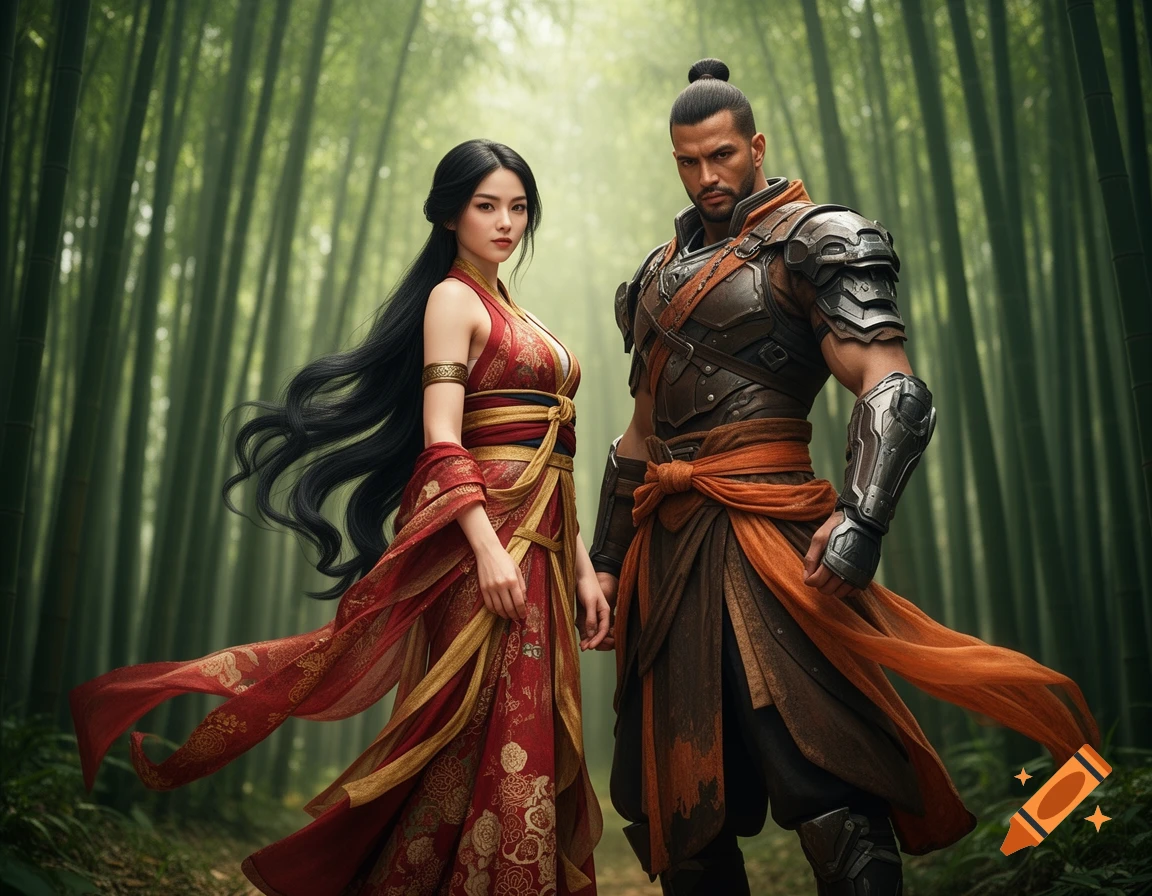 A fierce male warrior in dark armor and a woman in a red and gold dress stand in a vibrant bamboo forest.