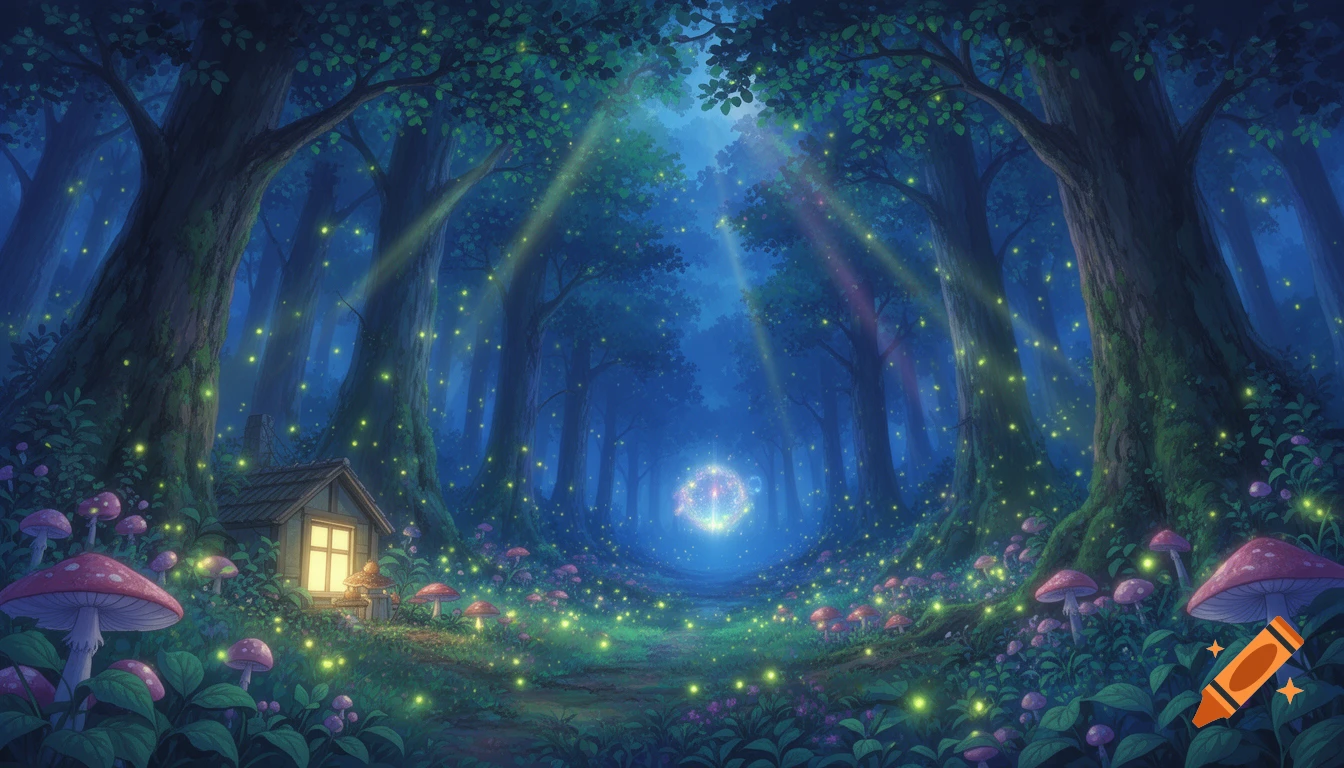Digital painting of a mystical fantasy forest at twilight with glowing mushrooms, fireflies, and a small illuminated farmhouse, in Studio Ghibli style.