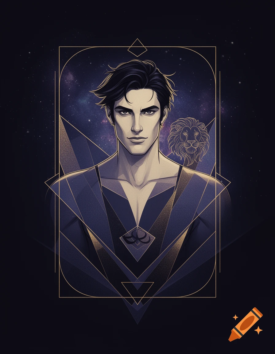 Abstract tarot illustration of a man with dark hair and a mysterious gaze, framed by gold geometric shapes and a starry nebula with a lion symbol.