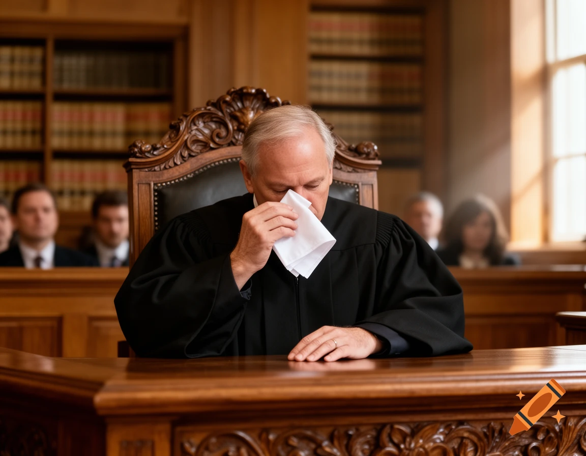 A photorealistic image of a judge in a black robe sitting at a wooden desk, wiping his eyes with a white tissue in a courtroom.