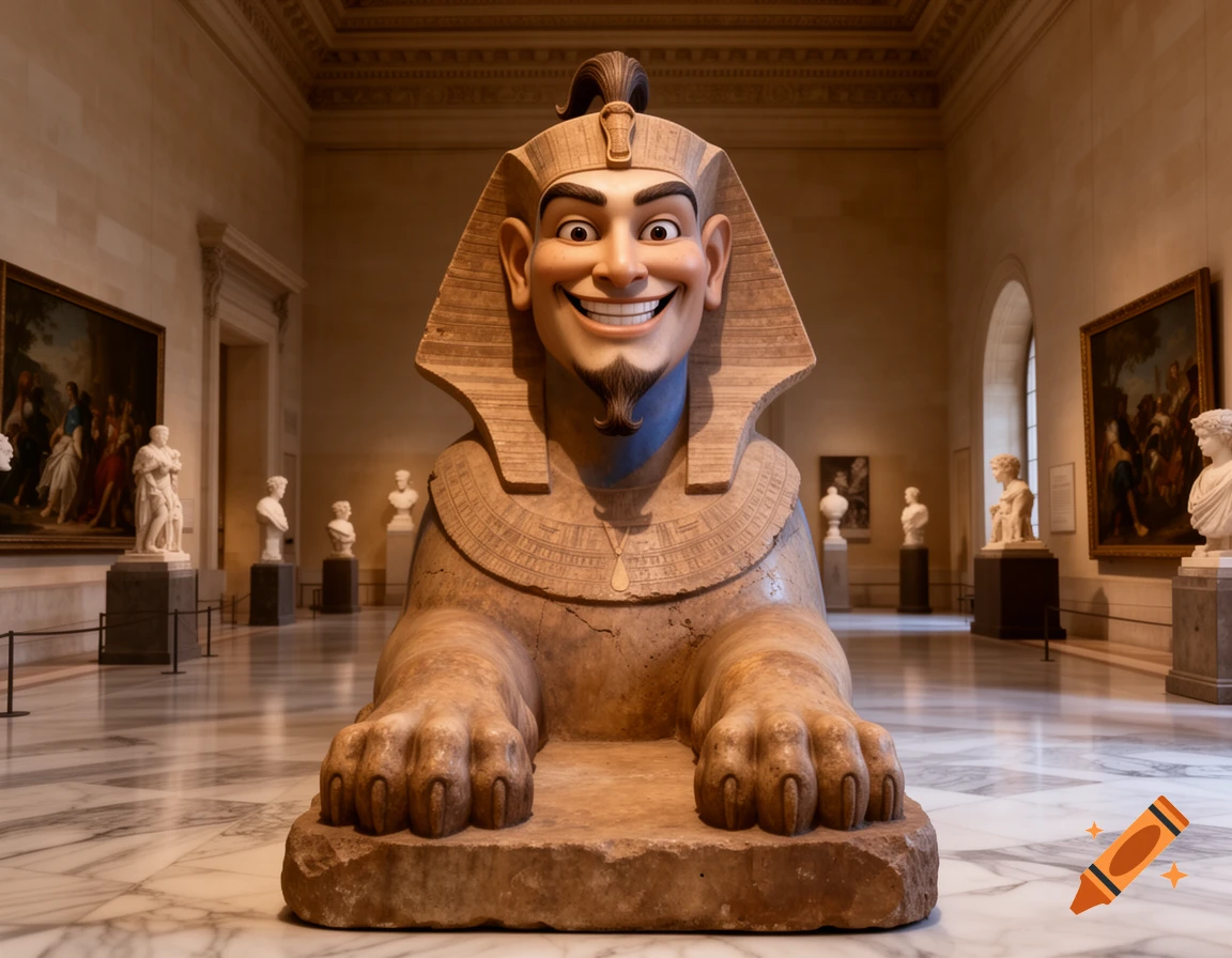 A photorealistic statue of a sphinx with the smiling cartoon face of the Genie from Aladdin, displayed in a grand museum hall.