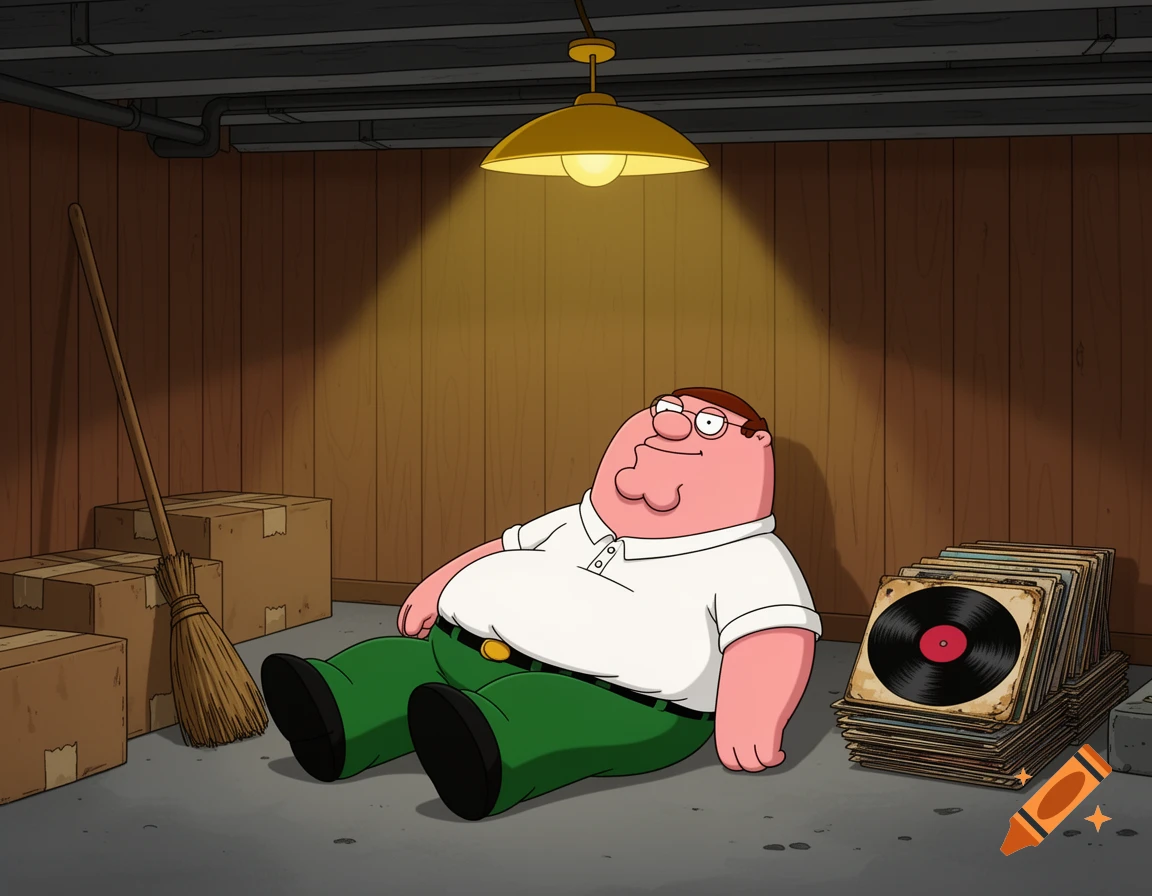 Peter Griffin sits in a cartoon basement, lit by a yellow lamp, next to a broom, boxes, and vinyl records.
